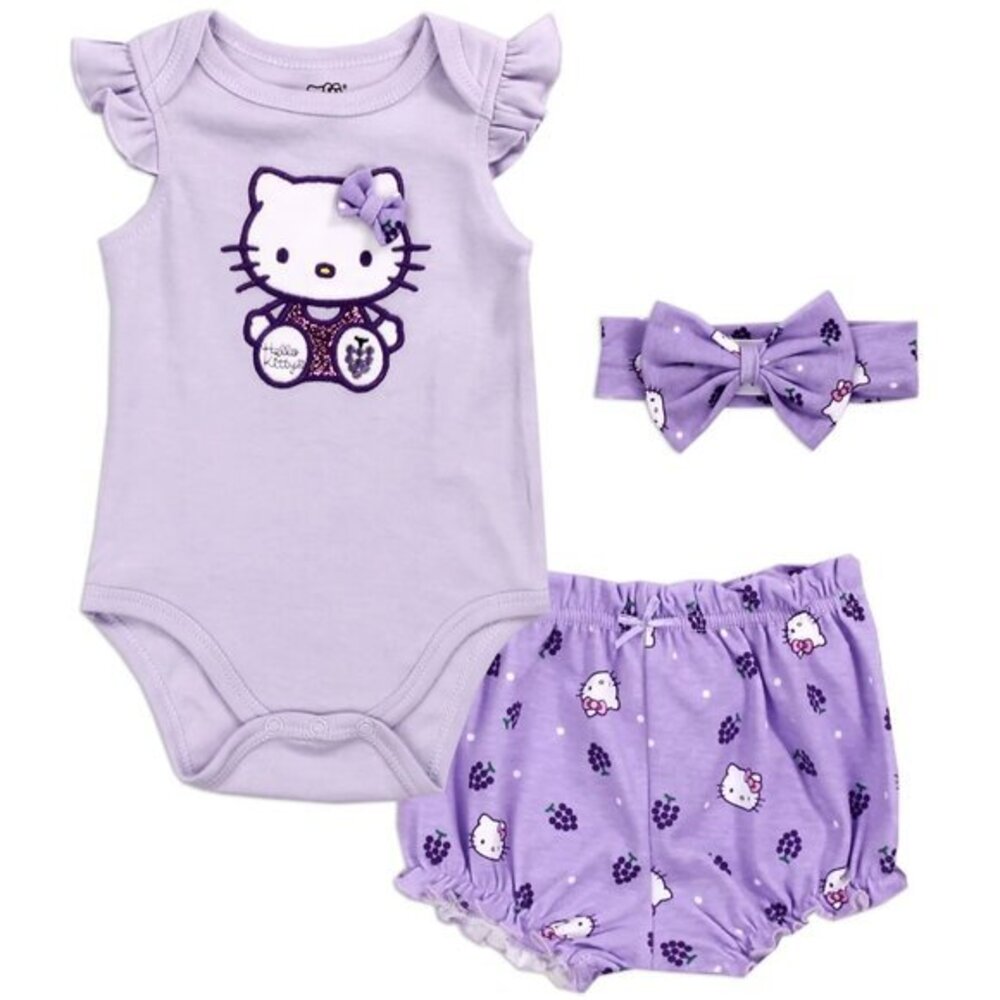 Hello Kitty Gift Set Purple Bodysuit Headband Shorts Purple White Glitter 0-9M